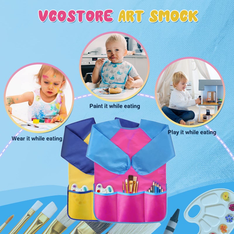 VCOSTORE 2 Pack Kids Art Smock, Toddler Painting Smock,Waterproof Long Sleeve Kids Art Apron with 3 Pockets for Children - Image 5